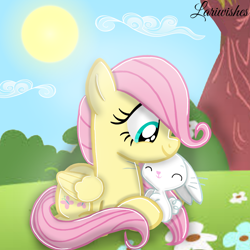Size: 1300x1300 | Tagged: safe, artist:mlplary6, angel bunny, fluttershy, pegasus, pony, rabbit, g4, animal, cute, eyes closed, female, filly, filly fluttershy, foal, hug, lying down, male, smiling, sun, younger