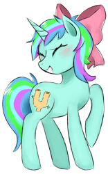 Size: 984x1572 | Tagged: safe, artist:metaruscarlet, oc, oc only, oc:coral glitter, pony, unicorn, 2023 community collab, derpibooru community collaboration, blushing, bow, cute, eyes closed, female, grin, hair bow, horn, mare, multicolored hair, raised hoof, simple background, smiling, solo, transparent background, unicorn oc