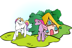 Size: 1090x733 | Tagged: safe, artist:samoodang, light heart, sweet berry, earth pony, pony, g2, female, house, mare, simple background, sweet berry is not amused, transparent background, tree, unamused