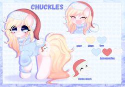 Size: 5556x3840 | Tagged: safe, artist:arwencuack, oc, oc only, oc:chuckles, earth pony, pony, adorable face, christmas, clothes, commission, cute, cutie mark, earth pony oc, happy face, hat, holiday, reference sheet, santa hat, smiling, solo, sweater