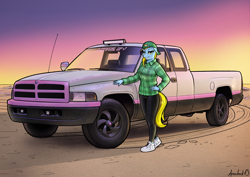 Size: 3508x2480 | Tagged: safe, artist:apocheck13, oc, oc only, oc:lucky bolt, anthro, beach, clothes, dodge (car), dodge ram, female, flannel, hat, high res, leggings, pickup truck, pinkdodge, pinup, sand, solo, standing, sunset, tail, truck