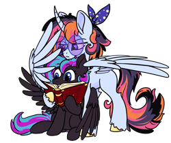 Size: 1450x1220 | Tagged: safe, artist:swishyfishy4308, oc, oc only, oc:1friendlyalicorn, oc:moonlight shadow, alicorn, pegasus, pony, 2023 community collab, derpibooru community collaboration, alicorn oc, big, big eyes, blue eyes, book, clothes, colored hooves, curved horn, duo, ears up, feather, feathered wings, female, gem, glasses, head on head, headscarf, hoof hold, horn, hug, long horn, long mane, long tail, loose hair, mare, multicolored mane, open mouth, pattern, pegasus oc, reading, ruby, simple background, sitting, spread wings, standing, stars, surprised, tail, transparent background, two toned mane, unshorn fetlocks, violet eyes, wall of tags, winghug, wings
