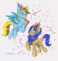 Size: 3500x3700 | Tagged: safe, artist:sushimeko, oc, oc only, oc:cobalt flame, oc:lucky bolt, kirin, pegasus, pony, 2023, cloven hooves, confetti, duo, female, flying, happy new year, hat, high res, holiday, kirin oc, male, party, party hat, party popper, pegasus oc