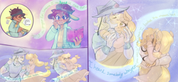 Size: 3800x1756 | Tagged: safe, artist:mimiporcellini, applejack, human, g4, boingo, clothes, comic page, crossover, crossover shipping, dress, female, hol horse, holjack, human male, jojo's bizarre adventure, male, mare, shipping, straight