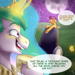 Size: 3500x3500 | Tagged: safe, artist:ponykittenboi, princess celestia, scootaloo, alicorn, pegasus, pony, cannon, constellation, crown, dialogue, duo, duo female, female, fire, flying lesson, fuse, glowing, glowing horn, grass, grass field, high res, horn, jewelry, looking at someone, looking at something, magic, magic aura, moon, night, pinpoint eyes, pony cannonball, regalia, speech bubble, stars, talking, this will end in tears and/or a journey to the moon, to the moon, trollestia