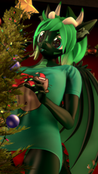 Size: 2160x3840 | Tagged: safe, artist:donglysfm, oc, oc:emerald dusk, dracony, dragon, hybrid, anthro, art pack:winter wonderland 2022, 3d, anthro oc, behaving like a cat, christmas, christmas tree, clothes, dilated pupils, ear fluff, high res, holiday, pajamas, revamped anthros, shirt, solo, source filmmaker, this will end in tears, tongue out, tree