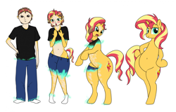 Size: 2396x1537 | Tagged: safe, artist:redpaladin, sunset shimmer, human, pony, unicorn, g4, belly, belly button, bipedal, blushing, clothes, hip, hips, human to pony, male to female, rule 63, sequence, simple background, transformation, transgender transformation, white background