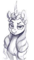 Size: 683x1200 | Tagged: safe, artist:ponsce, opaline arcana, alicorn, pony, g5, my little pony: make your mark, my little pony: make your mark chapter 2, spoiler:g5, bust, curved horn, female, grin, horn, lidded eyes, looking at you, mare, monochrome, simple background, smiling, smiling at you, solo, white background