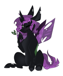 Size: 2181x2614 | Tagged: safe, artist:ezzerie, oc, oc only, oc:nadalia, changeling, insect, blowing a kiss, changeling oc, commission, high res, horn, one eye closed, present, purple changeling, simple background, sitting, solo, transparent background, wings, wink