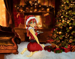 Size: 1900x1500 | Tagged: safe, artist:sparkscribbles, sunset shimmer, human, equestria girls, g4, barefoot, blushing, christmas, christmas lights, christmas stocking, christmas tree, clothes, cookie, costume, feet, fireplace, food, hat, holiday, looking at you, present, rug, santa costume, santa hat, smiling, solo, tree