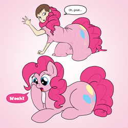 Size: 1920x1920 | Tagged: safe, artist:redpaladin, pinkie pie, goo, human, pony, g4, absorption, brown hair, dialogue, female, gradient background, hip, hips, human male, human to pony, light skin, lying down, male, male to female, mare, open mouth, prone, rule 63, sequence, speech bubble, transformation, transgender transformation