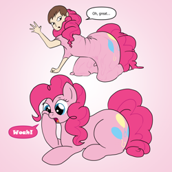 Size: 1920x1920 | Tagged: safe, artist:redpaladin, pinkie pie, earth pony, goo, human, pony, g4, absorption, brown hair, dialogue, female, gradient background, hip, hips, human male, human to pony, light skin, lying down, male, male to female, mare, open mouth, prone, rule 63, sequence, speech bubble, transformation, transgender transformation