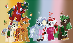 Size: 2406x1422 | Tagged: safe, artist:eonionic, oc, oc only, oc:bell carol, oc:evergreen, oc:peppermint puff, oc:wassail, oc:wicket gift, oc:winter wonderland, earth pony, pegasus, pony, unicorn, base used, boots, bow, braid, christmas, clothes, crack ship offspring, earmuffs, earth pony oc, glasses, gradient background, holiday, horn, jingle bells, magical gay spawn, magical lesbian spawn, offspring, parent:applejack, parent:big macintosh, parent:coloratura, parent:cozy glow, parent:double diamond, parent:flim, parent:night glider, parent:short fuse, parent:sprout greenhoof, parent:starlight glimmer, parent:timber spruce, parent:twist, parents:flimmac, parents:nightdiamond, parents:rarajack, pegasus oc, round glasses, scarf, shoes, sweater, unicorn oc