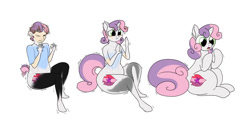 Size: 1280x640 | Tagged: safe, artist:redpaladin, sweetie belle, human, pony, unicorn, g4, age regression, cutie mark crusaders, hip, hips, human to pony, male to female, rule 63, sequence, simple background, transformation, transformation sequence, transgender transformation, white background