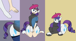Size: 2599x1418 | Tagged: safe, artist:redpaladin, rarity, human, pony, unicorn, g4, beatnik rarity, beret, clothes, comic, cutie mark, fashion, hat, hip, hips, human to pony, male to female, rule 63, sequence, sweater, transformation, transgender transformation