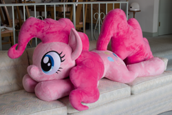 Size: 5184x3456 | Tagged: safe, artist:azgchip, pinkie pie, earth pony, pony, g4, commission, couch, cute, female, irl, life size, lying down, mare, photo, plushie, prone, solo, sploot