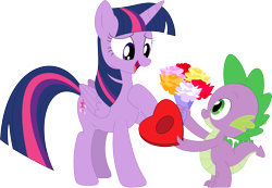 Size: 3534x2444 | Tagged: safe, artist:porygon2z, spike, twilight sparkle, alicorn, dragon, pony, g4, cute, duo, female, flower, hearts and hooves day, heartwarming, high res, holiday, male, ship:twispike, shipping, shipping fuel, simple background, spikabetes, straight, transparent background, twilight sparkle (alicorn), valentine's day, vector