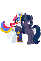 Size: 800x1200 | Tagged: safe, artist:thatonenicekitty, oc, oc only, oc:arepita, oc:n0kkun, pony, unicorn, 2023 community collab, derpibooru community collaboration, clothes, coat, commission, duo, female, glasses, hat, horn, hug, looking at each other, looking at someone, mare, multicolored hair, raised hoof, raised leg, shirt, simple background, suit, transparent background, unicorn oc, venezuela
