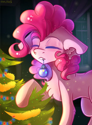 Size: 1370x1859 | Tagged: safe, alternate version, artist:yuris, pinkie pie, earth pony, pony, g4, christmas, christmas tree, ears back, eyes closed, female, garland, happy new year, holiday, mouth hold, new year, night, room, smiling, solo, tree