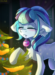 Size: 1370x1859 | Tagged: safe, alternate version, artist:yuris, sonata dusk, earth pony, pony, g4, christmas, christmas tree, ears back, equestria girls ponified, eyes closed, female, garland, happy new year, holiday, new year, night, ponified, room, smiling, solo, tree