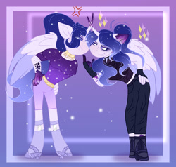 Size: 1024x973 | Tagged: safe, artist:existencecosmos188, oc, oc only, oc:existence, alicorn, anthro, unguligrade anthro, alicorn oc, duo, ethereal mane, female, hand on hip, high heels, horn, makeup, shoes, smiling, smirk, starry mane, wings