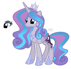 Size: 1660x1604 | Tagged: safe, artist:existencecosmos188, oc, oc only, alicorn, pony, alicorn oc, ethereal mane, eyelashes, female, hoof shoes, horn, jewelry, magical lesbian spawn, mare, offspring, parent:princess flurry heart, parent:princess luna, peytral, simple background, slender, smiling, solo, starry mane, thin, tiara, transparent background, wings