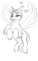Size: 1250x2000 | Tagged: safe, artist:runningtoaster, sunny starscout, alicorn, pony, g5, 2022, dialogue, female, flying, lineart, mare, monochrome, offscreen character, old art, race swap, rearing, simple background, solo, sunnycorn, white background