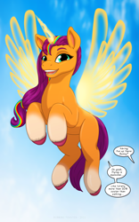 Size: 1250x2000 | Tagged: safe, alternate version, artist:runningtoaster, sunny starscout, alicorn, pony, g5, 20% cooler, 2022, artificial horn, artificial wings, augmented, coat markings, colored, dialogue, female, flying, horn, magic, magic horn, magic wings, mane stripe sunny, mare, offscreen character, old art, open mouth, open smile, rearing, sky background, smiling, socks (coat markings), solo, spread wings, unshorn fetlocks, wings