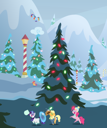 Size: 5400x6480 | Tagged: safe, anonymous artist, applejack, pinkie pie, rainbow dash, rarity, scootaloo, earth pony, pegasus, pony, unicorn, series:fm holidays, series:hearth's warming advent calendar 2022, g4, absurd resolution, bipedal, christmas, christmas lights, christmas tree, clothes, cute, cutealoo, eyes closed, female, filly, foal, force field, frown, hat, hat off, holiday, jacket, lineless, mare, open mouth, open smile, pointy ponies, scarf, smiling, snow, snowball, snowball fight, snowfall, sunglasses, throwing, tongue out, tree