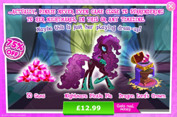 Size: 1962x1301 | Tagged: safe, gameloft, pinkie pie, earth pony, pony, g4, my little pony: magic princess, advertisement, corrupted, costs real money, crown, english, eyeshadow, female, gem, introduction card, jewelry, makeup, mare, mobile game, nightmare pinkie, nightmarified, numbers, regalia, sale, solo, text