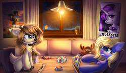 Size: 5000x2900 | Tagged: safe, artist:atlas-66, princess celestia, oc, oc only, deer, pony, cactus, card, card game, chair, chest fluff, cigarette, colored, couch, deer oc, duo, ear fluff, emolestia, indoors, light, lighting, losing, non-pony oc, playing card, poster, shading, snow, snowfall, spycrab, table, tail, tail fluff, team fortress 2, uno, window, winning