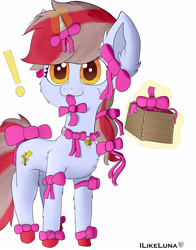 Size: 2538x3235 | Tagged: safe, artist:ilikeluna, oc, oc only, oc:cinnamon lightning, pony, unicorn, bell, bell collar, bow, cat bell, collar, exclamation point, eyelashes, female, female oc, glowing, glowing horn, hair bow, high res, hoof shoes, horn, levitation, magic, magic aura, mare, mare oc, mouth hold, pony oc, ribbon, simple background, slender, solo, tail, tail bow, telekinesis, thin, unicorn oc, white background