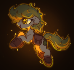 Size: 785x745 | Tagged: safe, artist:flixanoa, oc, oc:karakusa, earth pony, pony, adventurer, bag, boots, female, filly, floating, foal, glowing, gold, hoof boots, saddle bag, shoes, simple background, solo, sparkles