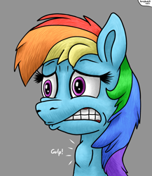 Size: 1674x1933 | Tagged: safe, artist:darkyboode32, rainbow dash, pegasus, pony, g4, bust, female, gray background, gulp, mare, onomatopoeia, scared, scaredy dash, signature, simple background, solo, swallowing, throat bulge, worried