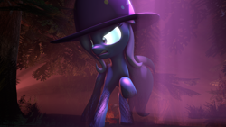 Size: 1920x1080 | Tagged: safe, artist:thatbluebro, derpibooru exclusive, trixie, pony, unicorn, g4, 3d, clothes, female, forest, hat, mare, solo, source filmmaker, trixie's hat