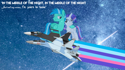 Size: 4000x2249 | Tagged: safe, artist:rarity3257, oc, oc:sky dancer, oc:stardust falken, alicorn, pegasus, pony, pony town, angel of the night, couple, desktop background, father and child, father and daughter, female, galaxy, jet, jet fighter, male, night, photo, plane, real life background, song reference, starfall, stars, su-35, su-35s super flanker, sukhoi, wallpaper