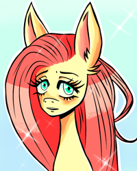 Size: 1080x1350 | Tagged: source needed, safe, artist:meyco, fluttershy, g4, ear fluff, female, gradient background, looking at you, mare, simple background, solo, sparkles