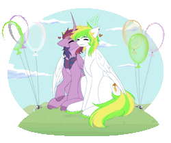 Size: 2625x2196 | Tagged: safe, artist:sparkie45, oc, oc only, oc:ray of hope, oc:sparkie, alicorn, changeling, dragon, hybrid, pegasus, pony, animated, balloon, birthday, clothes, duo, gif, gift art, happy birthday, high res, scarf, shipping, simple background, striped scarf, transparent background
