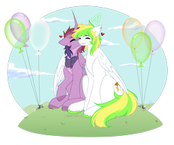 Size: 2625x2196 | Tagged: safe, artist:sparkie45, oc, oc only, oc:ray of hope, oc:sparkie, alicorn, changeling, dragon, hybrid, pegasus, pony, balloon, birthday, clothes, duo, gift art, happy birthday, high res, present, scarf, shipping, simple background, striped scarf, transparent background