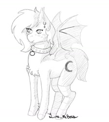 Size: 1312x1462 | Tagged: safe, artist:luna_mcboss, oc, oc only, oc:lunar saintly, bat pony, pony, bat pony oc, bat wings, chest fluff, choker, clothes, collar, disguise, disguised changeling, ear fluff, ear piercing, earring, fangs, fetlock tuft, freckles, jewelry, piercing, pony oc, simple background, sketch, slit pupils, socks, solo, spiked choker, spiked collar, striped socks, thigh highs, white background, wings