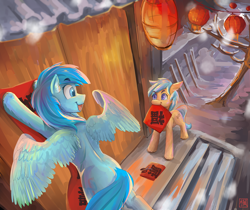 Size: 2500x2100 | Tagged: safe, artist:月下枫林, oc, oc only, earth pony, pegasus, pony, chinese new year, duo, earth pony oc, high res, lantern, looking at each other, looking at someone, mouth hold, pegasus oc, smiling, snow