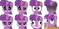 Size: 384x192 | Tagged: safe, artist:scootaloormayfly, twilight sparkle, pony, unicorn, g4, angry, cocaine, confused, creepy, creepy smile, drugs, exclamation point, pixel art, question mark, rpg maker, rpg maker vx ace, sad, simple background, smiling, sprite, surprised, transparent background, unicorn twilight