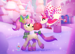 Size: 1652x1194 | Tagged: safe, artist:rainbow eevee, posey bloom, dragon, earth pony, pony, g5, my little pony: tell your tale, adopt me!, bat dragon, bow, cherry, clothes, cute, digital art, duo, earmuffs, female, food, game, green eyes, happy, icicle, not fluttershy, one eye closed, pet, ponytail, present, roblox, scarf, snow, snowfall, strawberry, strawberry shortcake bat dragon, tree, winter