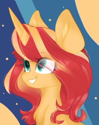 Size: 1314x1650 | Tagged: artist needed, source needed, safe, sunset shimmer, pony, unicorn, bust, eye clipping through hair, smiling, solo