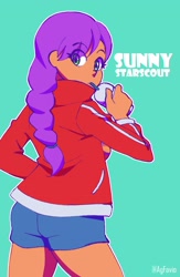 Size: 1270x1944 | Tagged: safe, artist:agfavio, sunny starscout, human, equestria girls, g4, g5, ass, breasts, busty sunny starscout, butt, female, looking at you, looking back, looking back at you, looking over shoulder, smoothie, solo, sunny starbutt