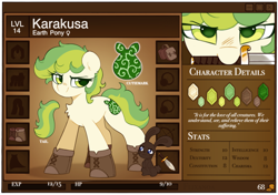 Size: 1886x1328 | Tagged: safe, artist:flixanoa, oc, oc:karakusa, oc:whistle, changeling, earth pony, pony, rabbit, adventurer, animal, bag, boots, close-up, dagger, female, filly, foal, gold, green, green eyes, inventory, item slots, life bar, reference sheet, rpg, saddle bag, shoes, stats, sword, weapon, yellow