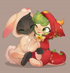 Size: 3889x4056 | Tagged: safe, artist:sofiko-ko, oc, oc only, oc:karakusa, oc:whistle, changeling, earth pony, nymph, pony, animal costume, bell, blushing, bunny costume, clothes, commission, costume, cute, cuteling, dragon costume, female, filly, foal, green eyes, hug, kigurumi, nuzzling, onesie, pajamas, ych result