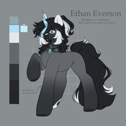 Size: 1600x1600 | Tagged: safe, artist:cofiiclouds, oc, oc only, oc:ethan everson, pony, unicorn, collar, gem, gray coat, green eyes, horn, male, reference sheet, solo, stallion, unicorn oc