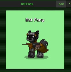 Size: 1019x1033 | Tagged: artist needed, safe, bat pony, earth pony, pony, ashes town, pony town, batman, dc comics, gun, male, screenshots, solo, weapon