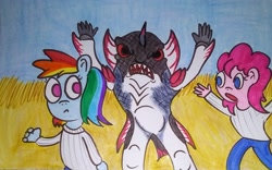 Size: 2307x1443 | Tagged: safe, artist:dex stewart, pinkie pie, rainbow dash, anthro, g4, mighty morphin power rangers, monster, pirantishead, power rangers, traditional art